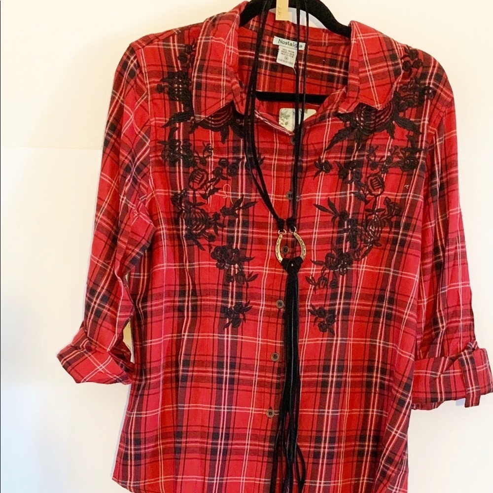 Nostalgia Women’s Plaid Embroidered Peplum Top! LG